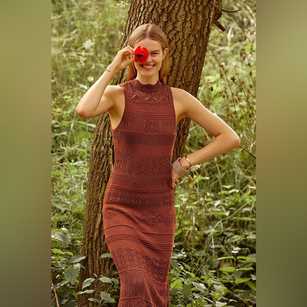 Anthropologie Rust Brown Knit Midi Dress.
